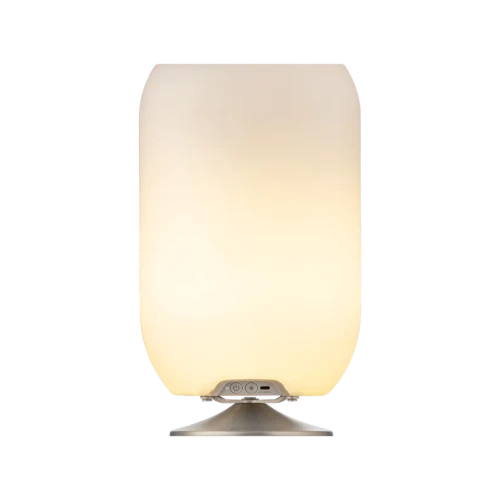 Kooduu - Lampa LED Atmos Brass z wbudowanym głośnikiem Bluetooth oraz chłodzirka na napoje, Szczotkowane srebro - 3w1