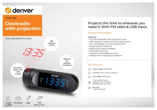Denver CPR-700 - radiobudzik z projekcją czasu i ładowarką USB