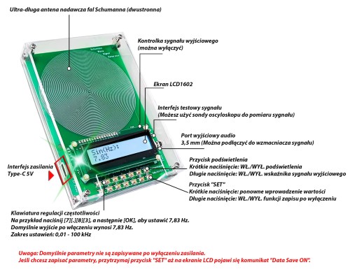Generator rezonansowy fal Schumanna 7,83Hz w akrylowej obudowie