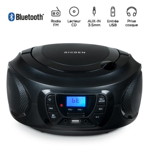 Bigben CD62NUSBBT - przenośny odtwarzacz CD/MP3, USB z radiem FM i Bluetooth, czarny