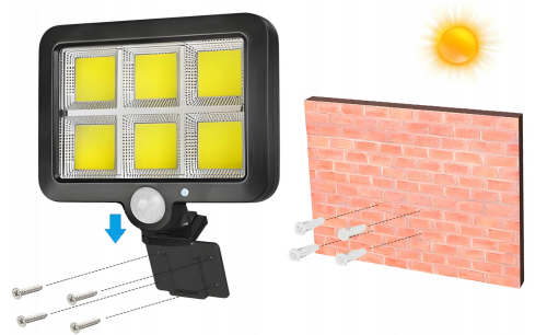 LAMPA SOLARNA 120 COB LED Z CZUJNIKIEM RUCHU I ZMIERZCHU z kablem 5m