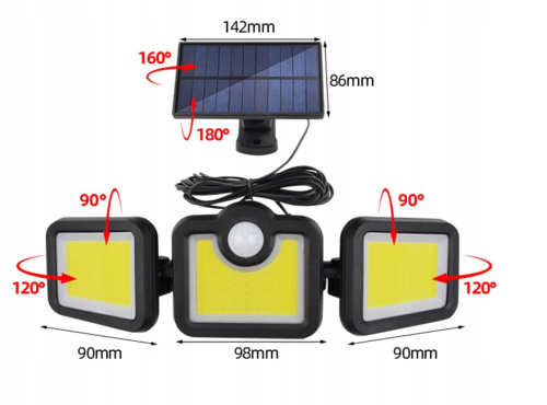 LAMPA SOLARNA 3w1 z czujnikiem ruchu i zmierzchu panel słoneczny na kabel LS6