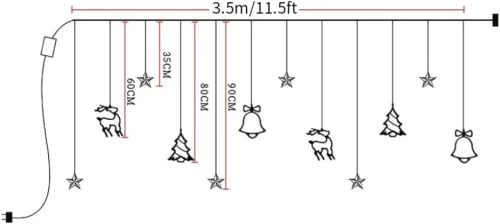 Kurtyna świetlna świąteczna 3,5m/0,8m gwiazdki, dzwonki, renifery, choinki