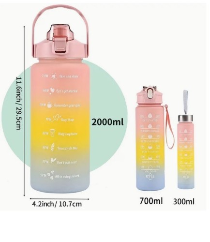 Zestaw 3 Butelek Sportowych na Wodę Bidonów – 2000ml, 900ml, 300ml