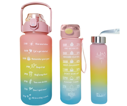 Zestaw 3 Butelek Sportowych na Wodę Bidonów – 2000ml, 900ml, 300ml