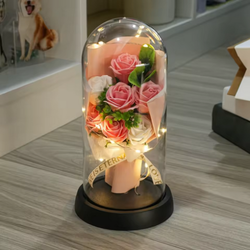 Wieczna Róża LED w Szklanej Kopule – Różowy Bukiet Kwiatów 11x20cm