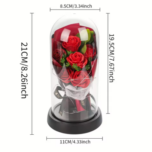 Wieczna Róża LED w Szklanej Kopule – Różowy Bukiet Kwiatów 11x20cm