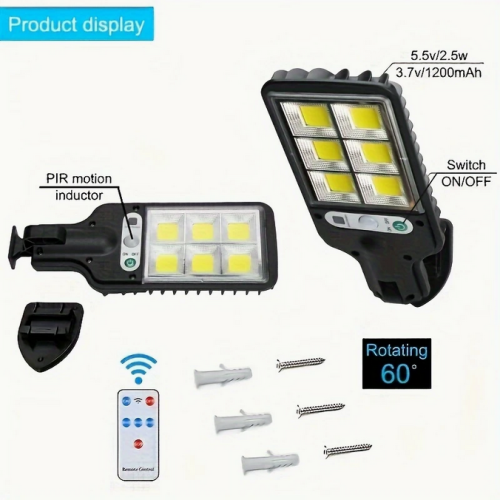 Inteligentna Lampa Solarna LED z Czujnikiem Ruchu i Pilotem – 3 Tryby Świecenia, IP44, 108 COB LED LU17