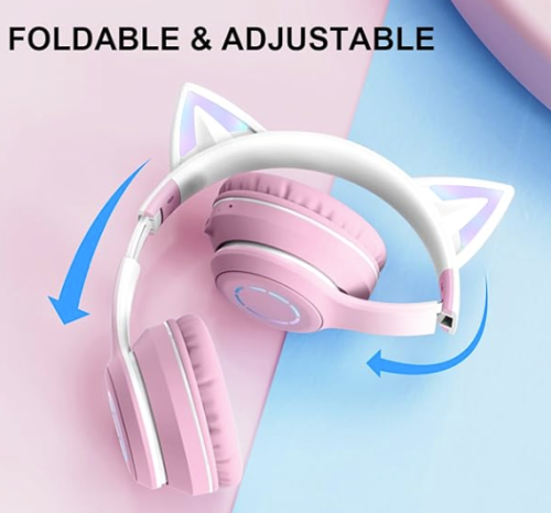 Bezprzewodowe słuchawki nauszne Bluetooth v5.3 z podświetleniem RGB i ANC kot różowe JST-BT035