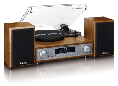 Gramofon LENCO MC-160WD Drewno, Napęd paskowy, BT, Kolumny głośnikowe w zestawie, Prędkość odtw. 33 1/3,45,78 obr./min (1)