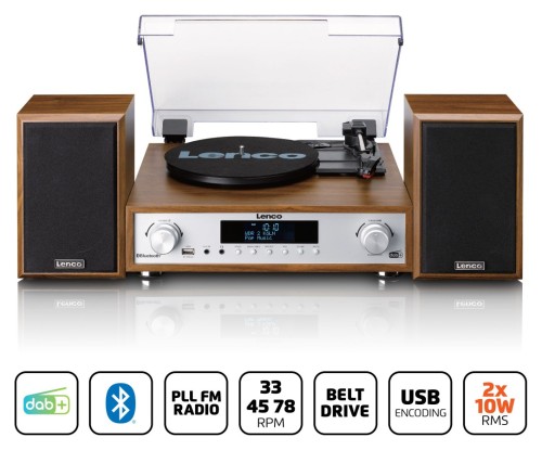 Gramofon LENCO MC-160WD Drewno, Napęd paskowy, BT, Kolumny głośnikowe w zestawie, Prędkość odtw. 33 1/3,45,78 obr./min (3)