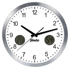 Duży analogowy zegar ścienny, aluminium z termometrem i wilgotnościomierzem Alecto AK15