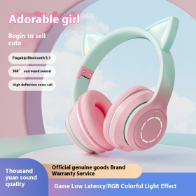 Bezprzewodowe słuchawki nauszne Bluetooth v5.3 z podświetleniem RGB i ANC kot różowe JSTBT035