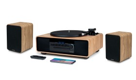 Obrazek dla: Gramofonem z głośnikami Bluetooth, radiem FM, odtwarza płyty CD/MP3 Thomson MIC300TT/602DUO