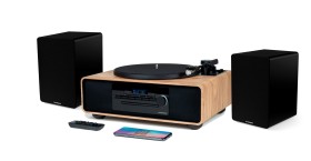 Obrazek dla: Gramofonem z głośnikami Bluetooth, radiem FM, odtwarza płyty CD/MP3 Thomson MIC300TT/400DUO