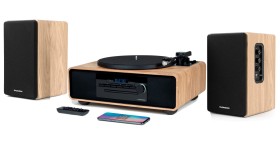 Obrazek dla: Gramofonem z głośnikami Bluetooth, radiem FM, odtwarza płyty CD/MP3 Thomson MIC300TT/902DUO