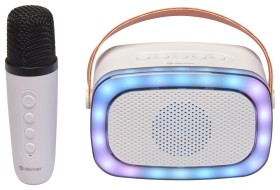 Obrazek dla: Głośnik przenośny DENVER BTM610 Biały, Bluetooth z funkcją karaoke, mikrofon w zestawie