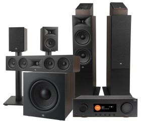 Obrazek dla: Kompletny zestaw kina domowego JBL Dolby Atmos 5.1.2 – MA9100HP + STAGE 280F + STAGE 245C + STAGE 250B z podstawkami + STAGE 240H + aktywny subwoofer STAGE 220P